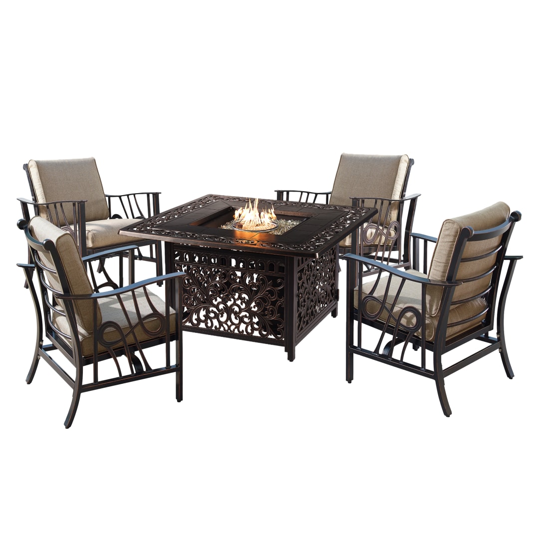 Aluminum 42-in Square Antique Copper Fire Table Set with Four Deep Seating Rocking Chairs, Fire Beads, Lid, Propane Tank Cover and Table Fabric Covers