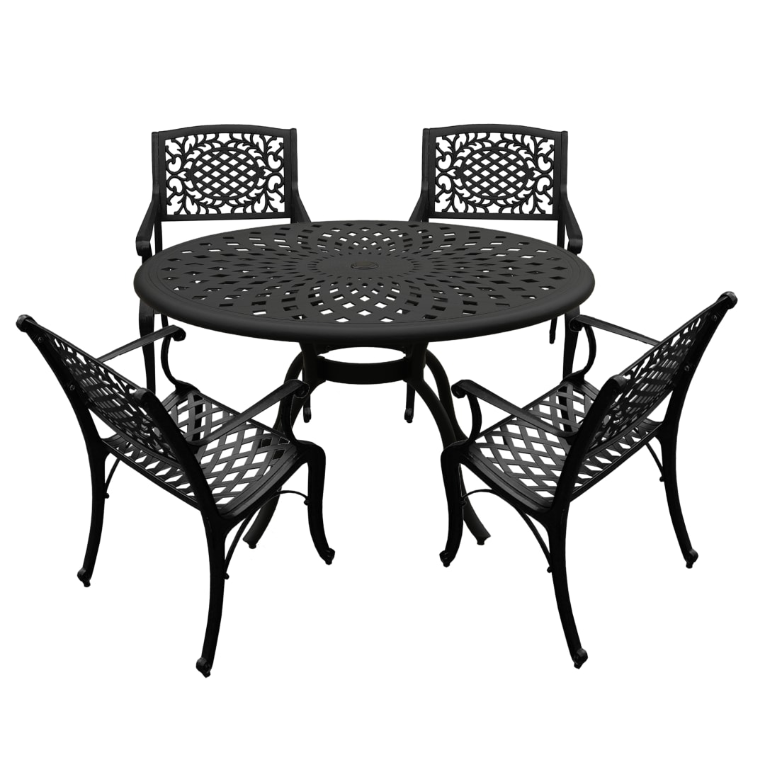 Modern Ornate Outdoor Mesh Aluminum 48-in Black Round Patio Dining Set with Four Chairs