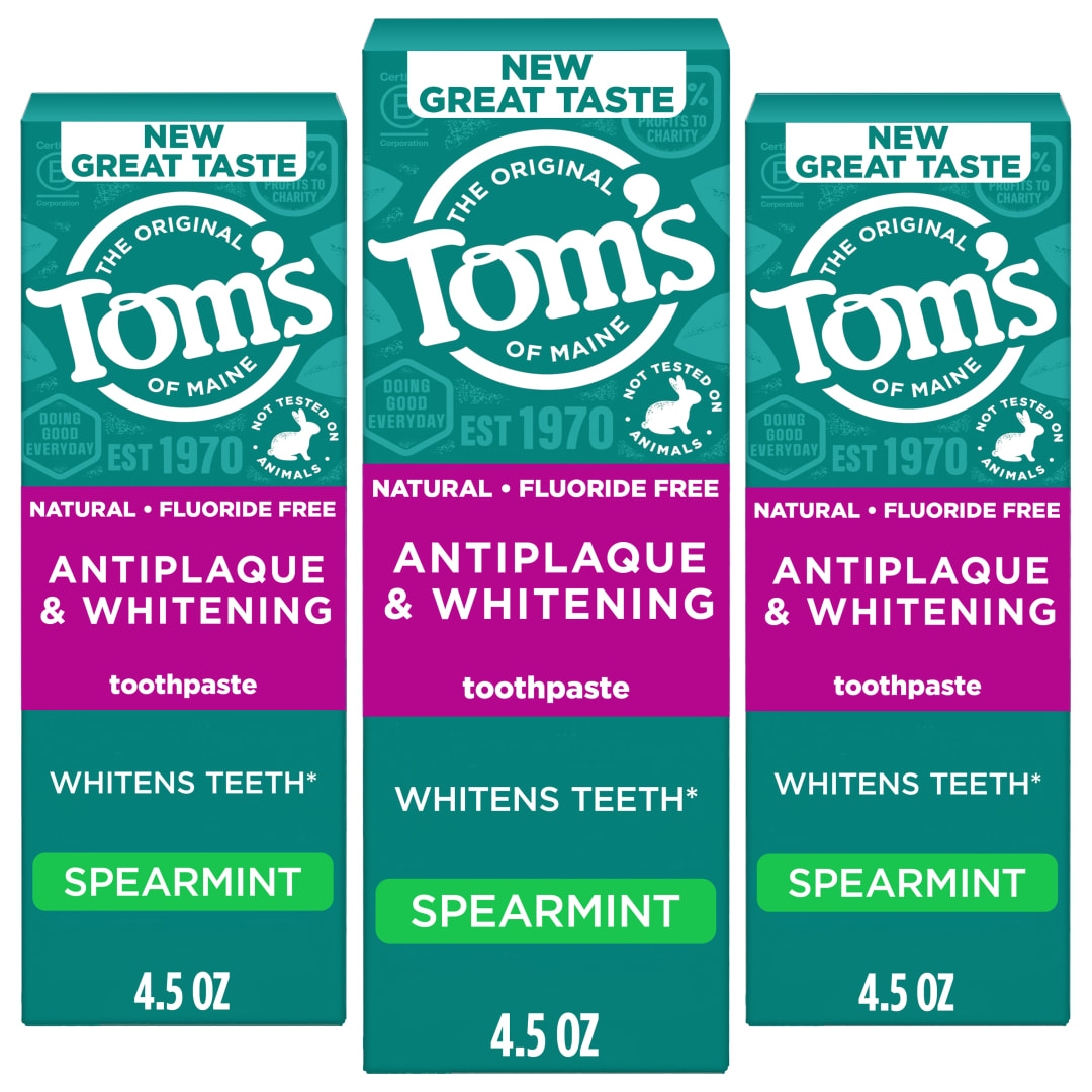 Tom’s of Maine Antiplaque and Whitening Fluoride Free Toothpaste, Spearmint 3-PACK