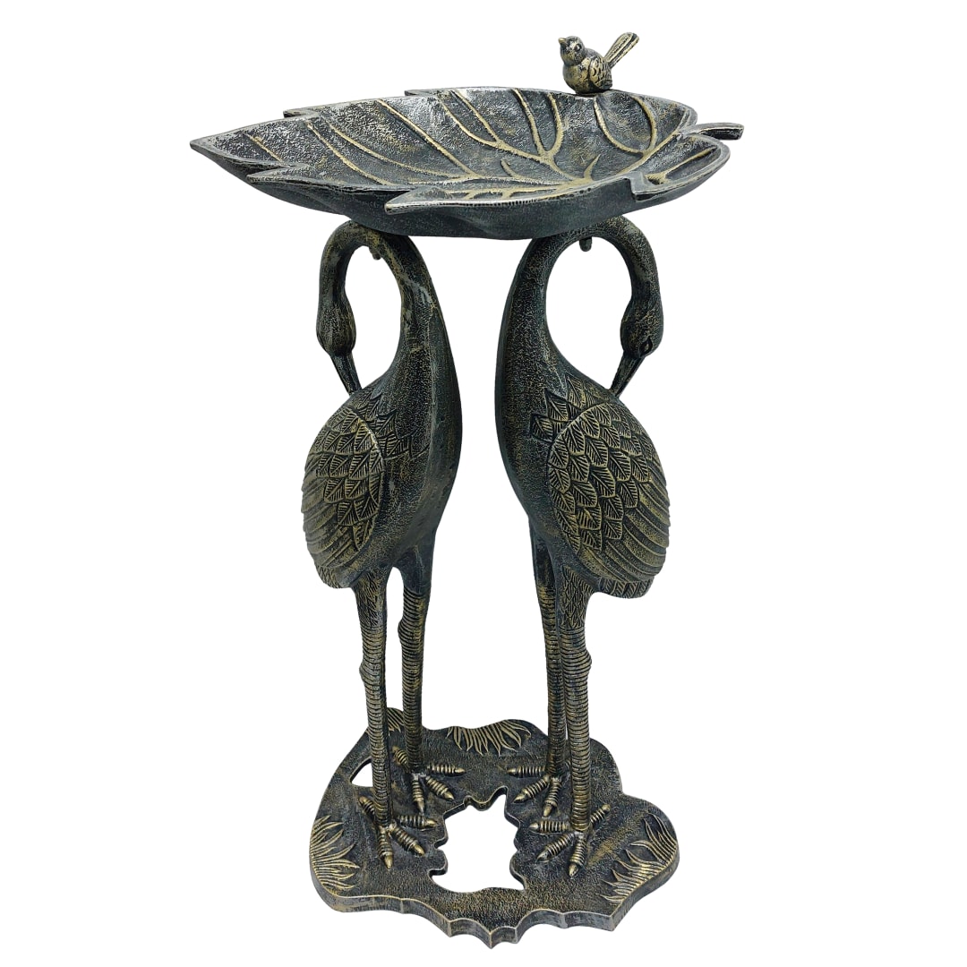 Cast Aluminum 30-in Twin Crane Silver Gold Bird Bath with Leaf Bowl