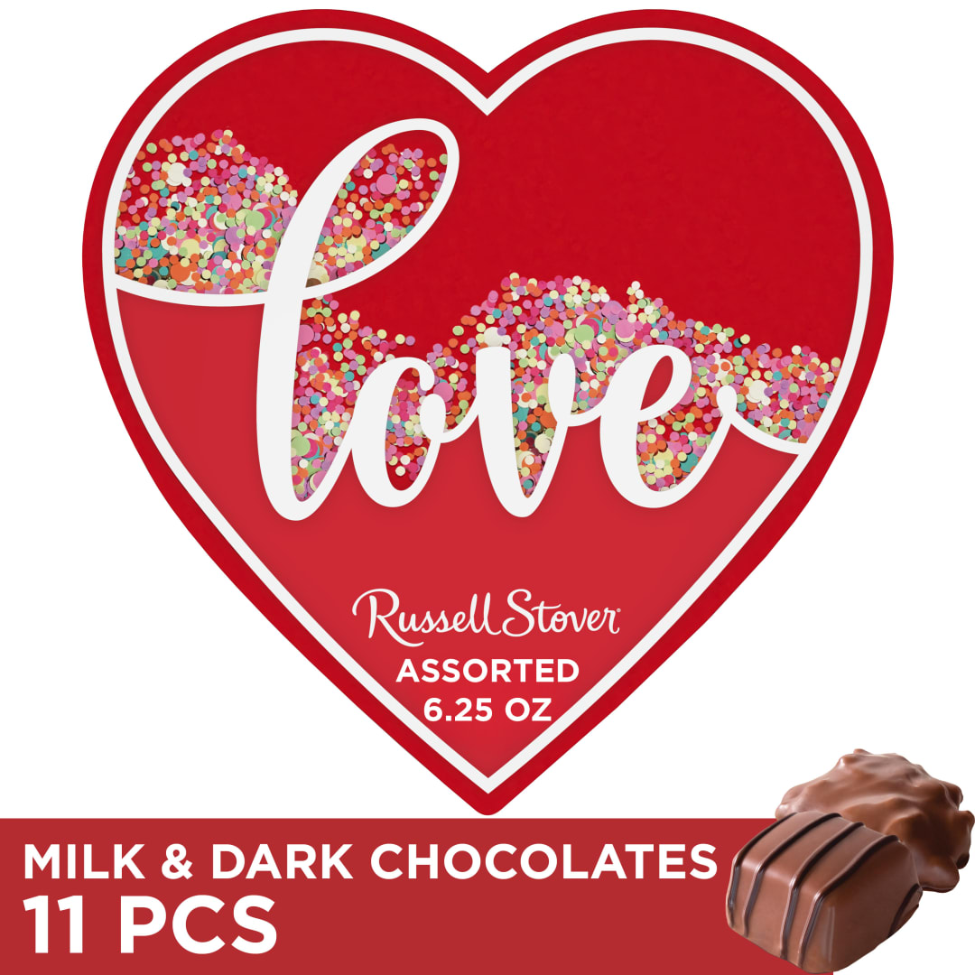 RUSSELL STOVER Valentine's Day Love Confetti Heart Assorted Chocolate Candy Gift Box, 6.25 oz.