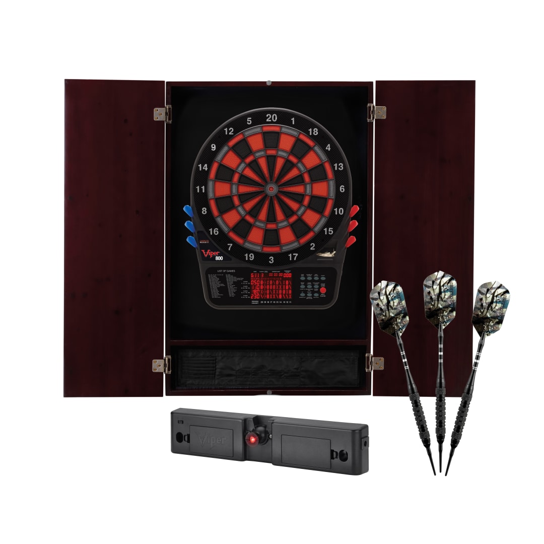 Viper Metropolitan Electronic Soft Tip Dartboard and Cabinet Bundle: Elite Set (800 Dartboard, Darts and Throw Line Light), Espresso Finish