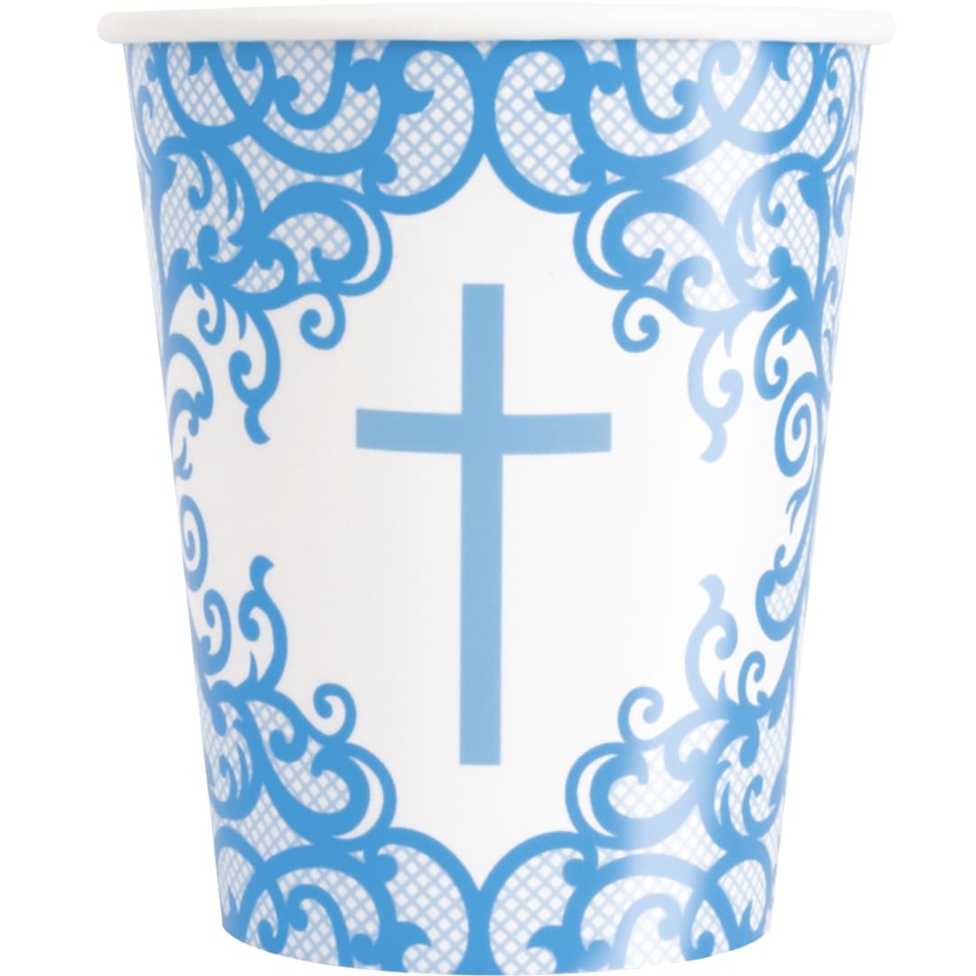 Fancy Blue Cross 9oz Paper Cups, 8ct