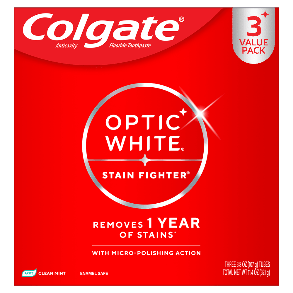 Colgate Optic White Stain Fighter Clean Mint Paste Teeth Whitening Toothpaste, Anticavity Toothpaste with Fluoride, 3 Pack, 3.8 OZ
