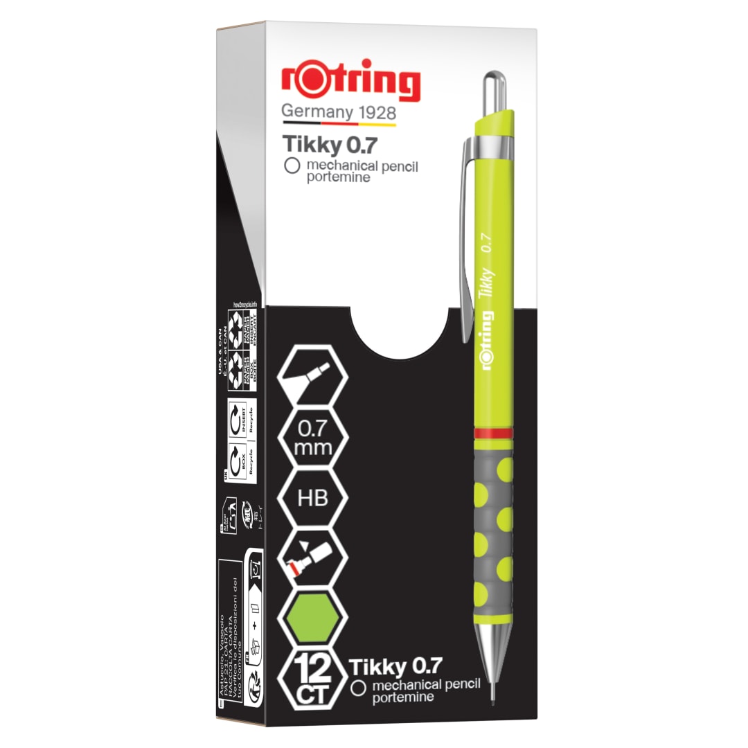 rOtring Tikky Portaminas | HB 0,7 mm | Cuerpo Spidermum (verde lima) | Ligero con agarre de goma | 12 piezas