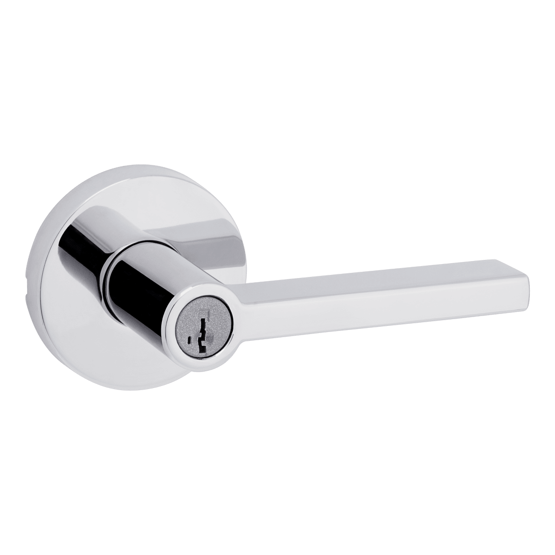Halifax Keyed Storeroom Lever featuring SmartKey Security™ in Polished Chrome