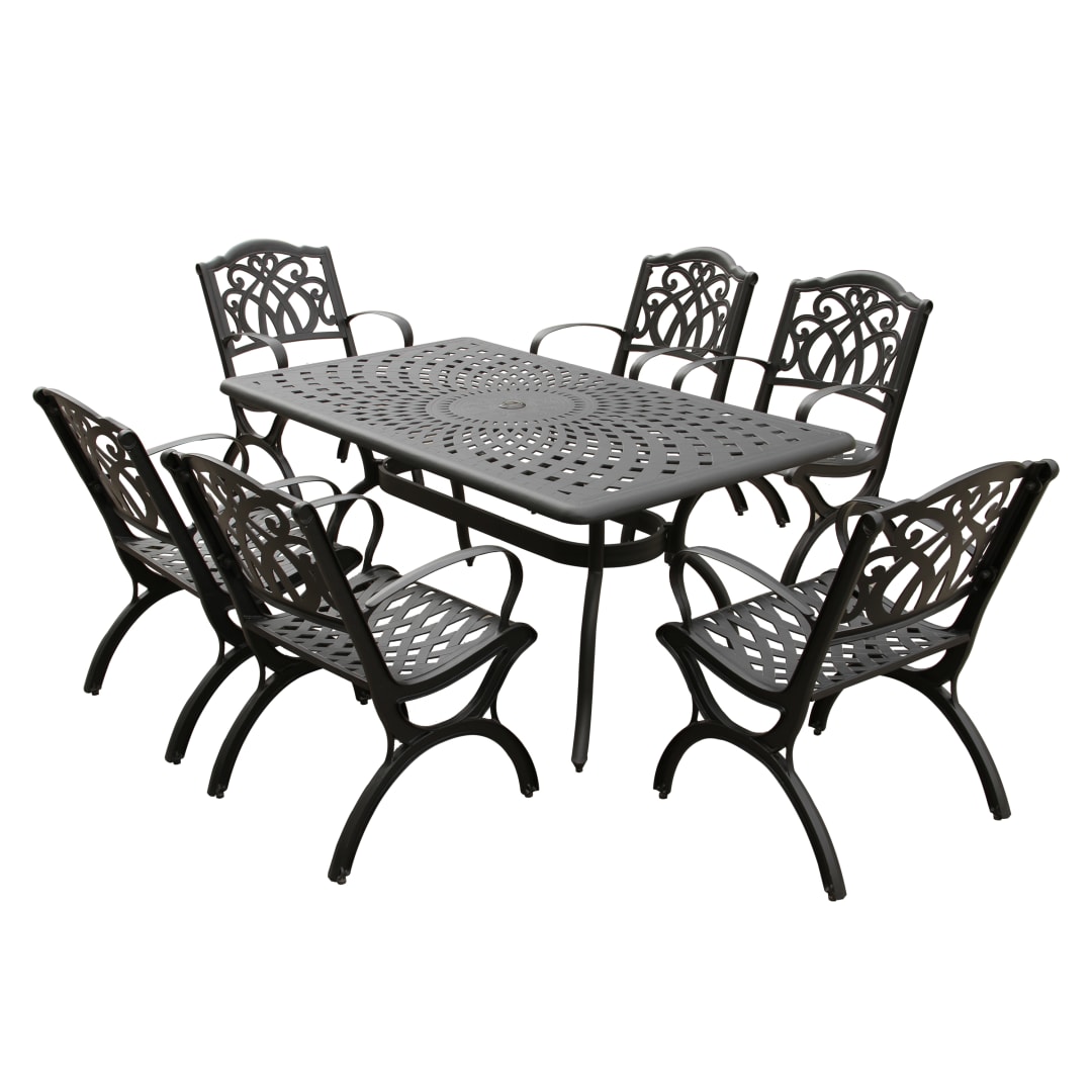 Modern Ornate Outdoor Mesh Aluminum 67-in Black Rectangular Patio Dining Set with Six Chairs