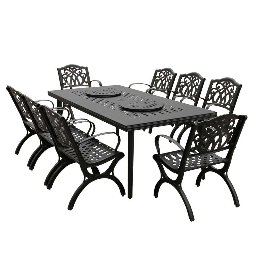Modern Ornate Outdoor Mesh Aluminum 84-in Large Black Rectangular Patio Dining Set with Two Lazy Susans and Eight Chairs