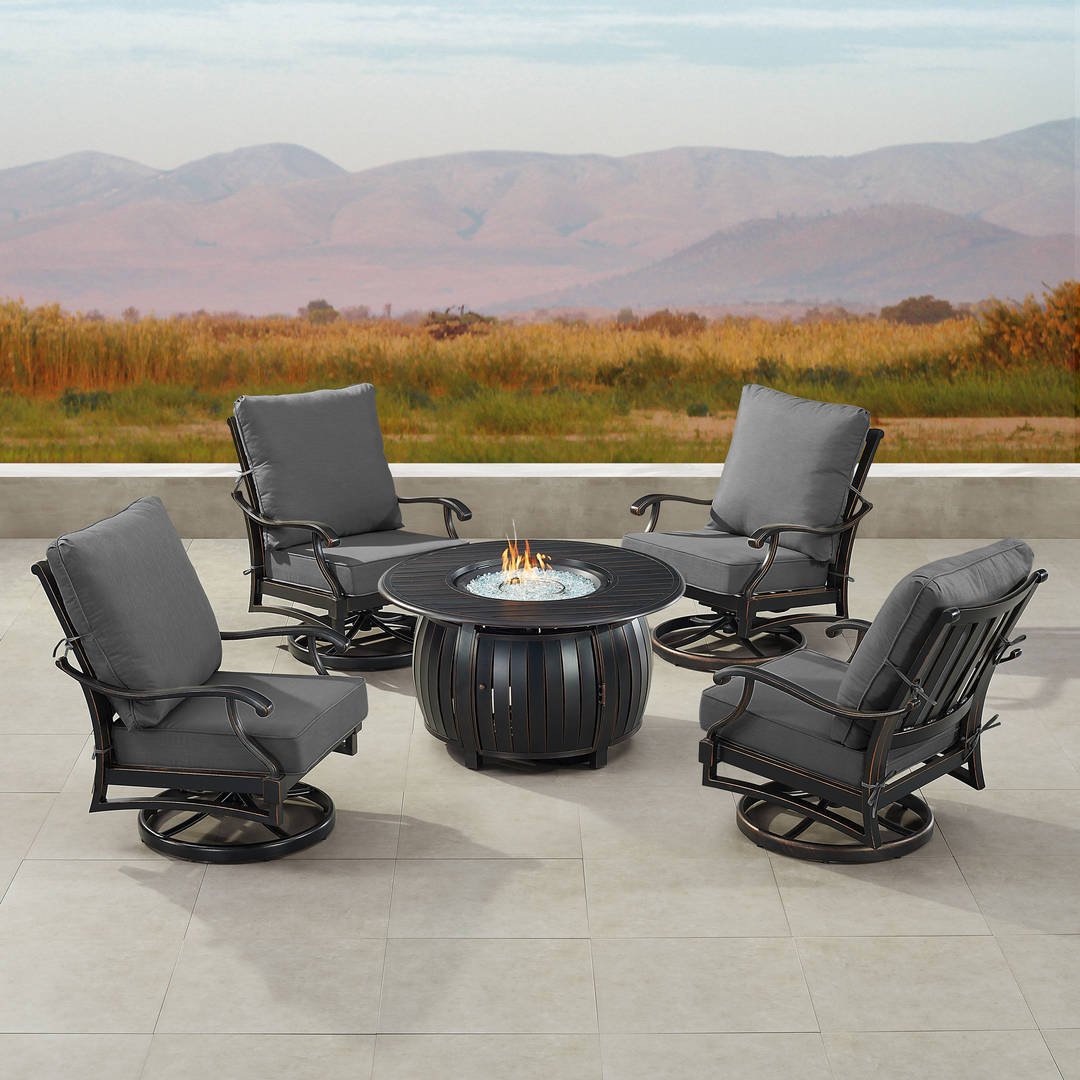 Black Aluminum Patio Fire Table Set with Four Club Chairs