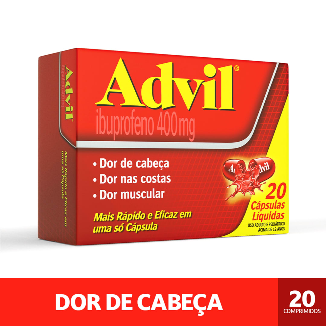 Advil 400mg Ibuprofeno Alívio Rápido da Dor de Cabeça 20 Cápsulas