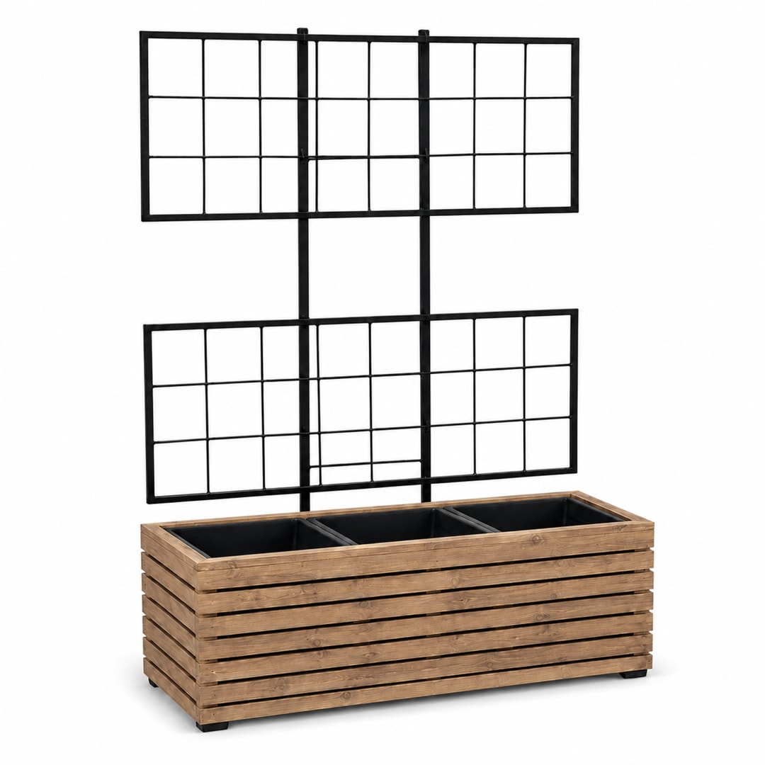 Modern Indoor/Outdoor 31.89 in. Brown Acacia Wood Wide Raised Planter Box with Trellis