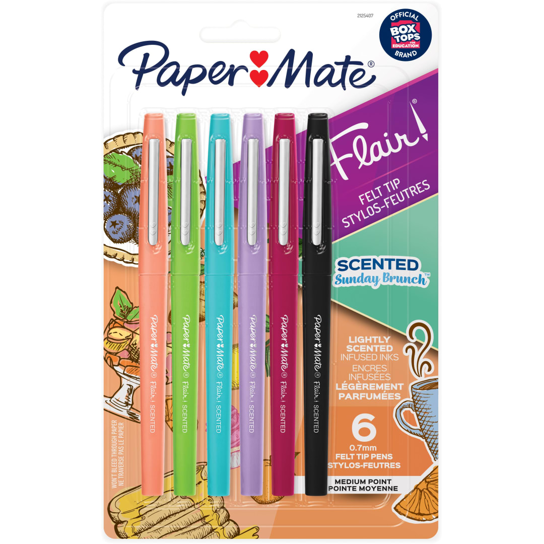 Stylos parfumés Paper Mate Flair à point feutre, parfums et couleurs assortis, brunch du dimanche (0,7 mm), 6 unités