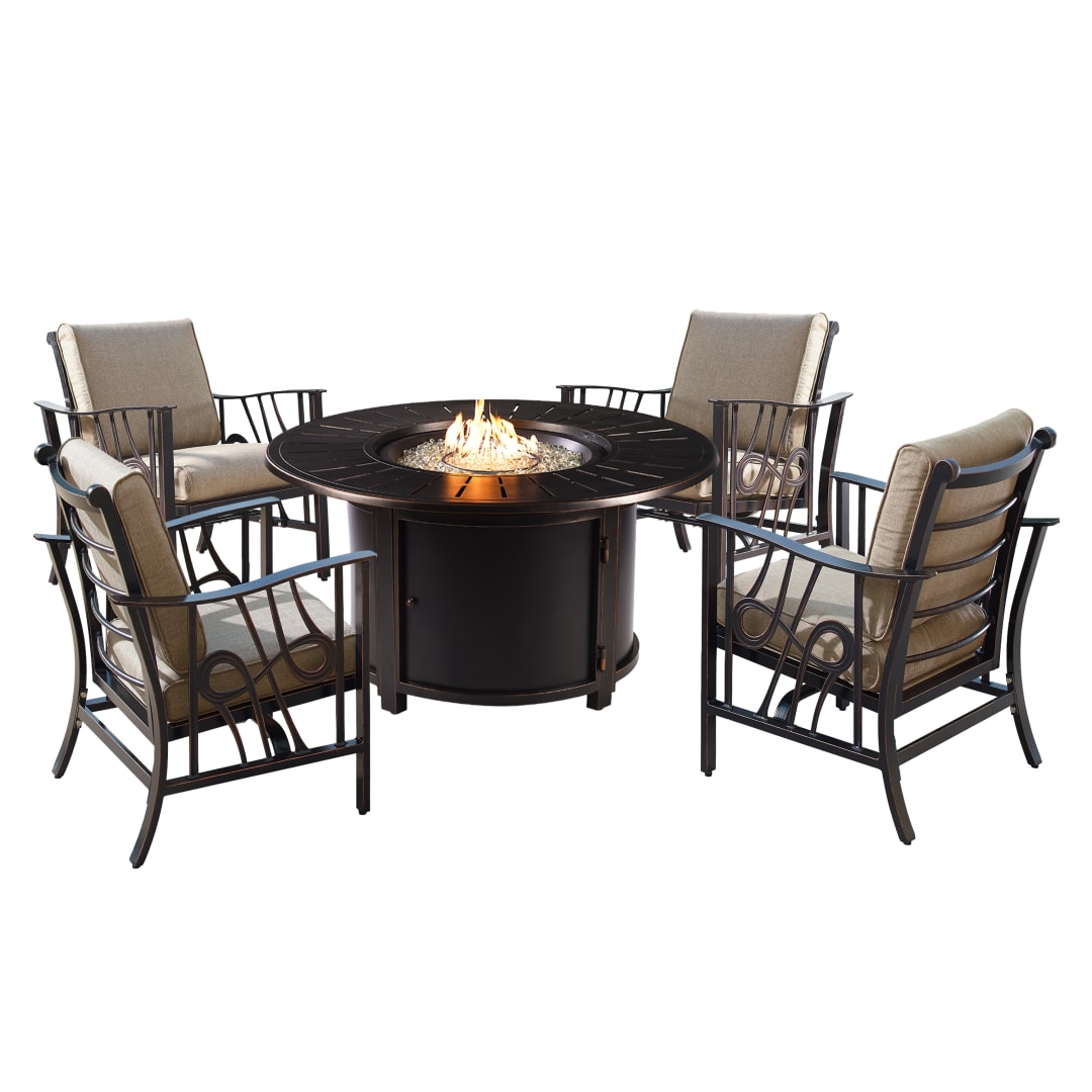 Aluminum 44-in Round Antique Copper Fire Table Set with Four Deep Seating Rocking Chairs, Fire Beads, Lid, Propane Tank Cover and Table Fabric Covers