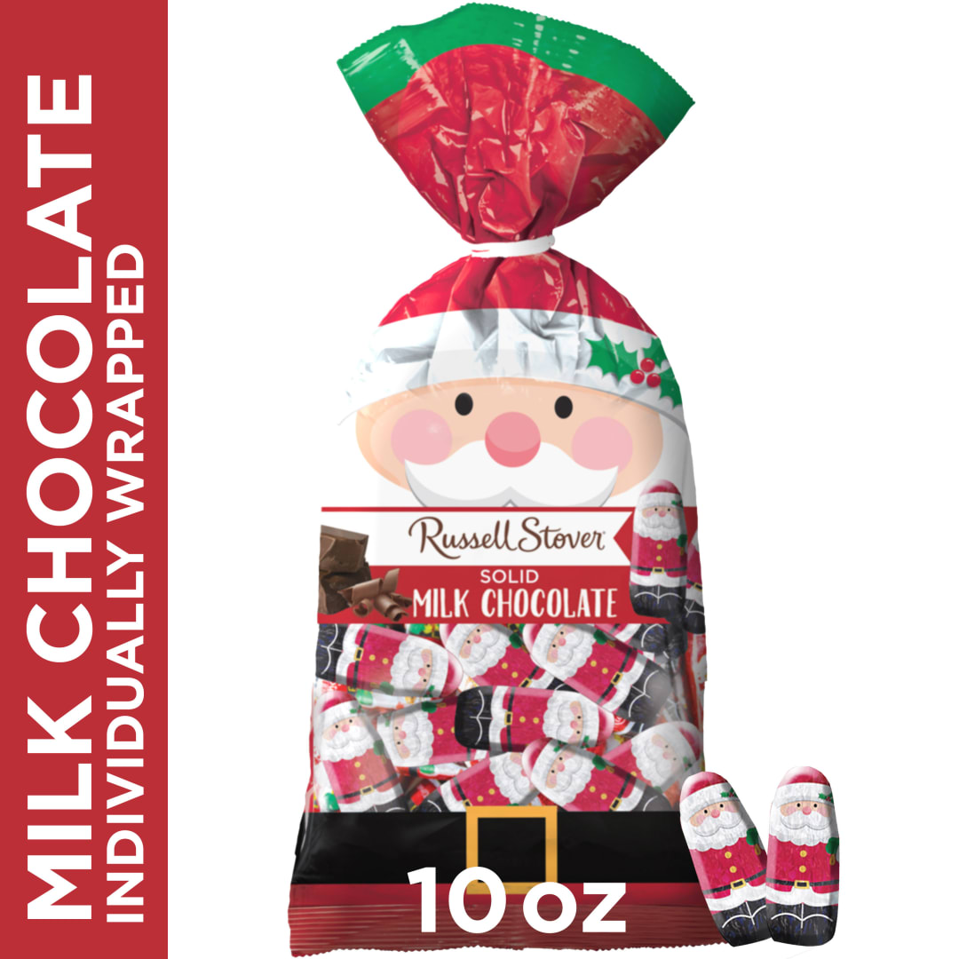 RUSSELL STOVER Christmas Foil-Wrapped Santas in Solid Mik Chocolate Gift Bag, 10 oz.