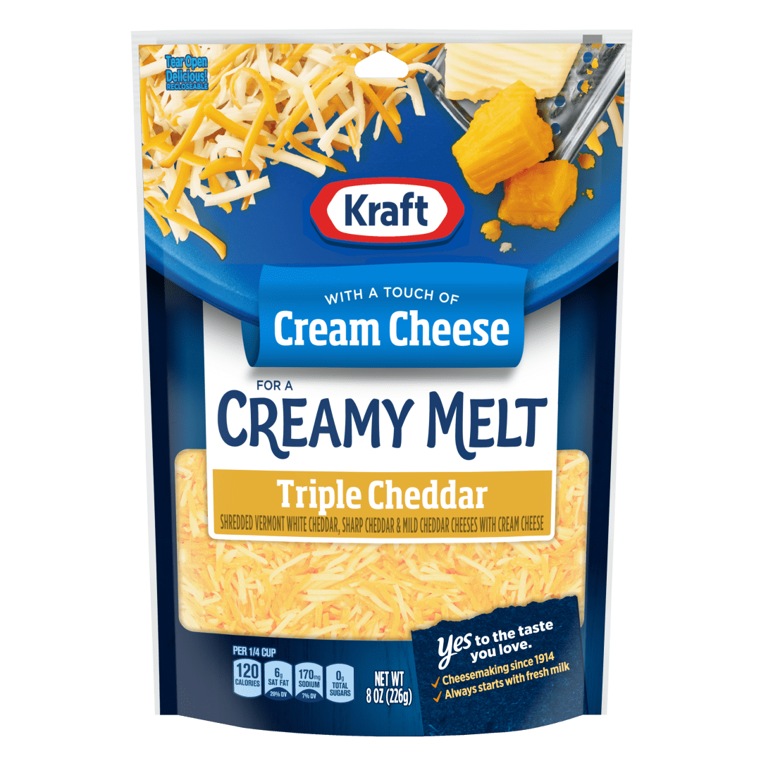 Kraft Triple Cheddar Shredded Cheese with a Touch of Cream Cheese for a Creamy Melt, 8 oz Bag