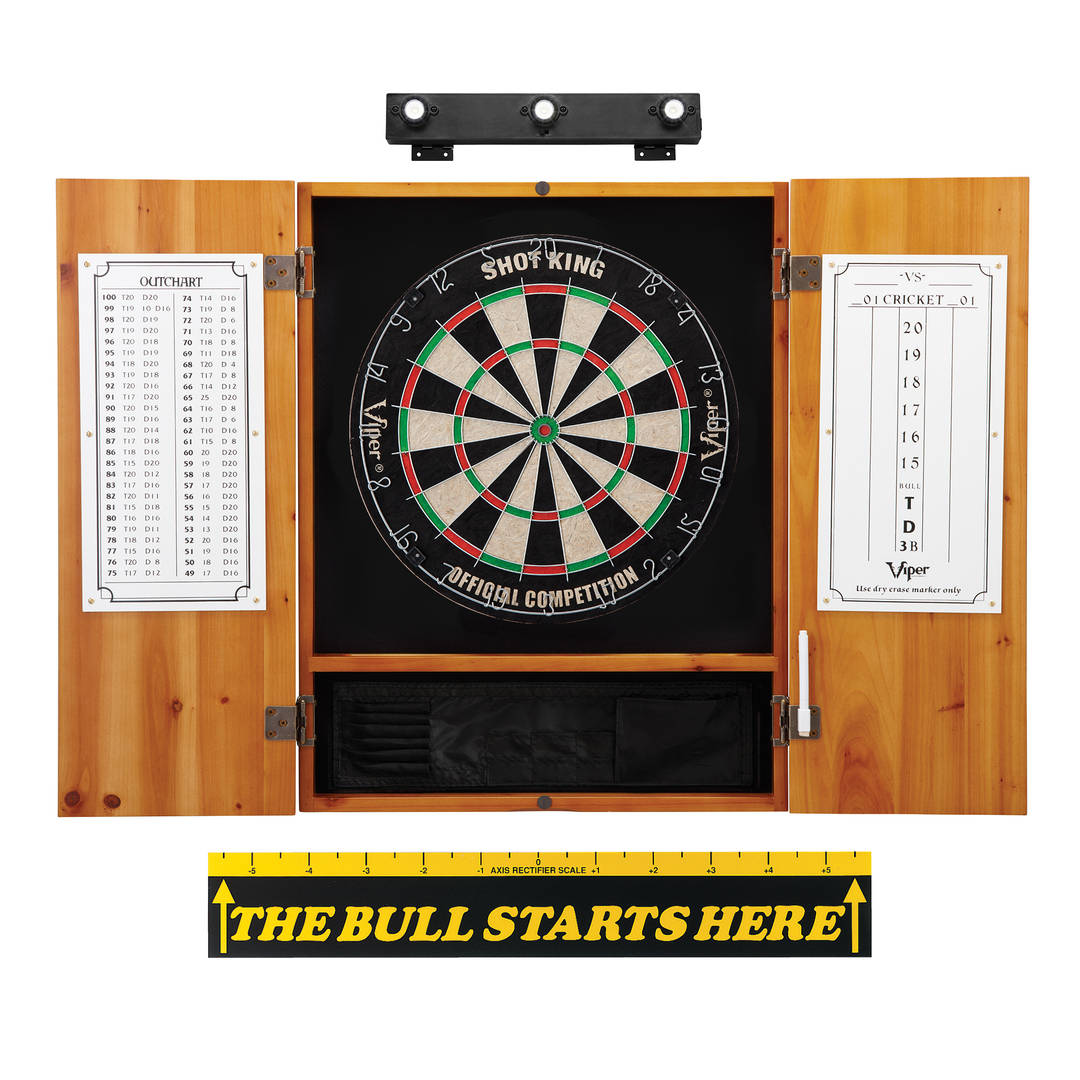 Viper Shot King Sisal Dartboard, Metropolitan Oak Cabinet, Shadow Buster Dartboard Lights & "The Bull Starts Here" Throw Line Marker
