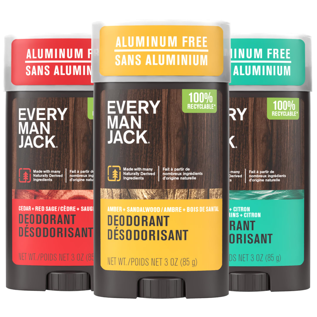 Every Man Jack Men's Deodorant Variety Set - Includes 3 Full-Sized Deodorant Sticks with Clean Ingredients & Incredible Scents - Cedar + Red Sage, Amber + Sandalwood, Sea Mineral + Citron Fragrances (3 Pack)