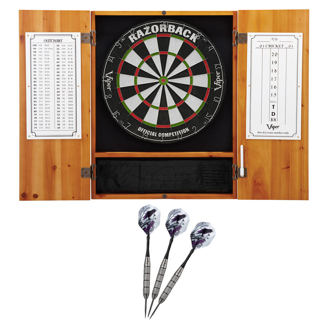 Viper Metropolitan Oak Steel Tip Dartboard Cabinet, Viper Razorback Sisal Dartboard, and Viper Underground Raven Steel Tip Darts 25 Grams