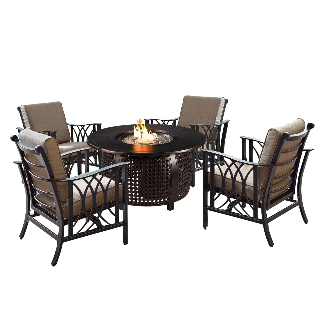 Aluminum 44-in Round Antique Copper Fire Table Set with Four Deep Seating Rocking Chairs, Fire Beads, Lid, Propane Tank Cover and Table Fabric Covers