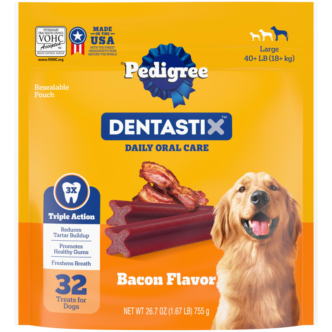 PEDIGREE DENTASTIX Large Dog Dental Treats Bacon Flavor Dental Bones, 1.72 lb. Pack (32 Treats)