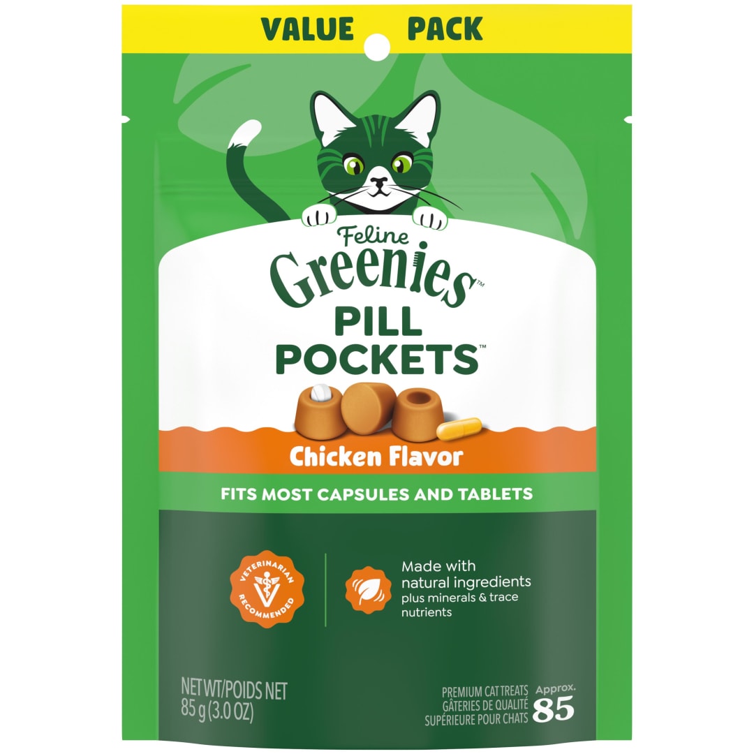 FELINE GREENIES PILL POCKETS for Cats Natural Soft Cat Treats, Chicken Flavor, 3 oz. Pack (85 Treats)