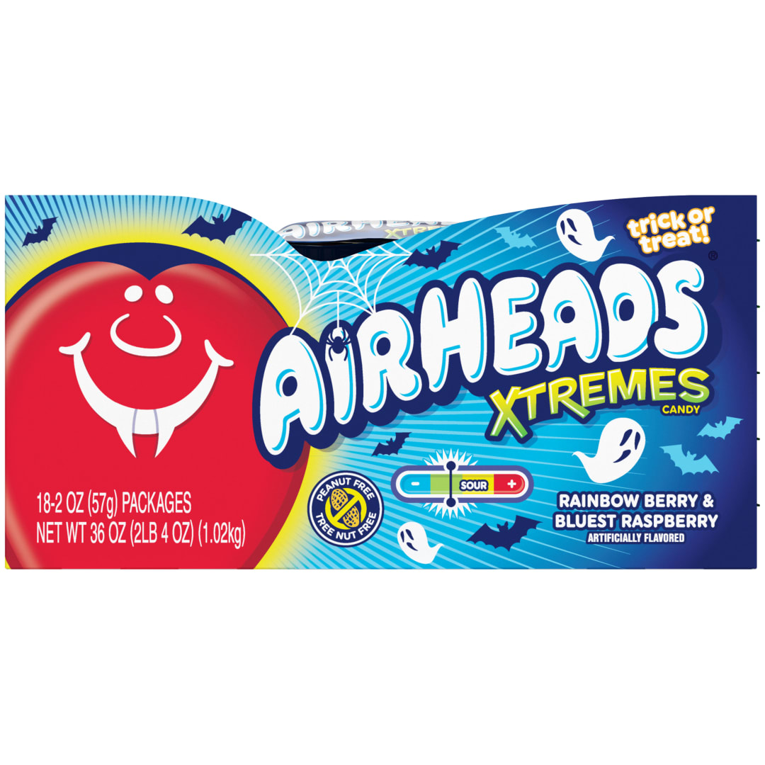 Airheads Xtremes Belts 2 oz Rainbow Berry and Bluest Raspberry Belts 18 count Halloween Club Pack
