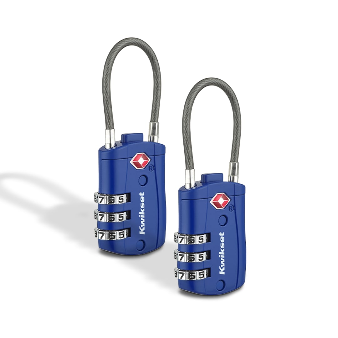 Kwikset TSA Approved Combination Luggage Lock with Cable, 3-Digit, 1-3/16 in Body, 2 Pack, Blue