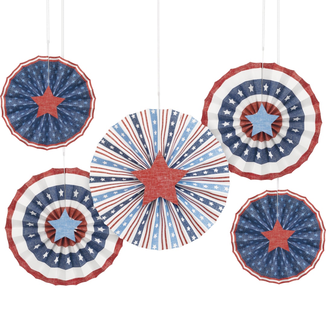 Classic Americana Assorted Paper Fan Decorations with Cutout Stars, 5pc