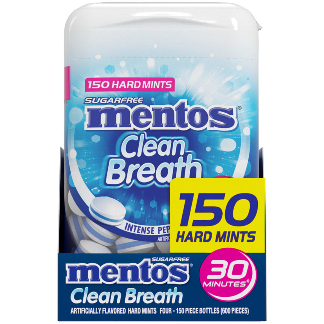 Mentos Clean Breath Hard Mints Intense Peppermint 150 pc Large Bottles - 4 Pack