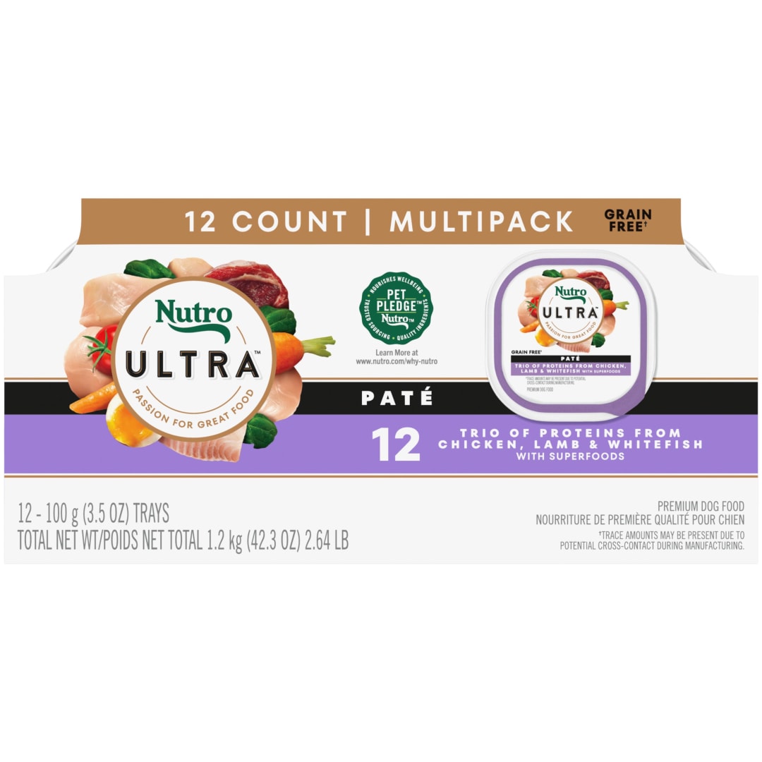 NUTRO ULTRA Adult Grain Free Soft Wet Dog Food, Trio of Proteins Chicken, Lamb & Whitefish Paté, (12) 3.5 oz. Trays