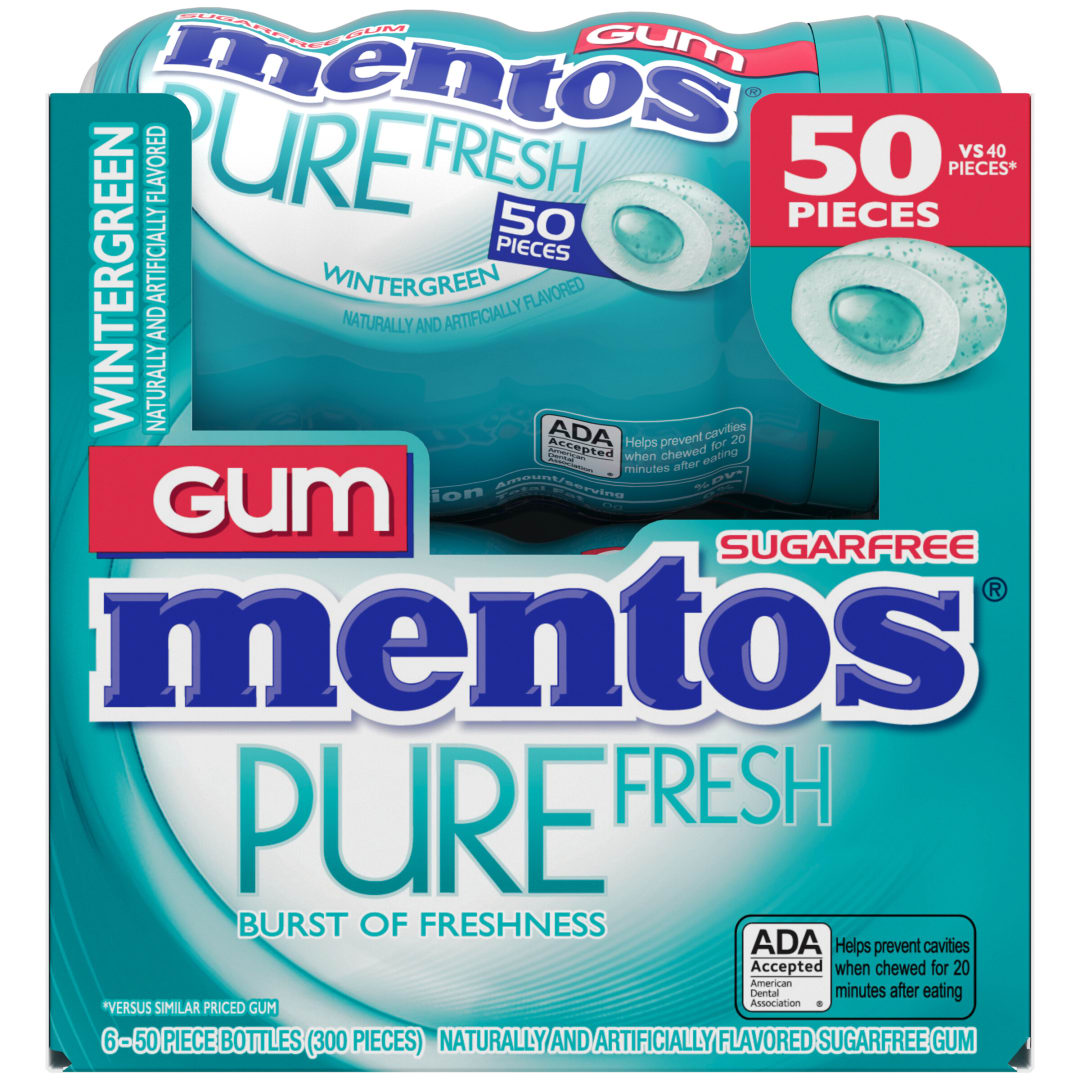 Mentos Gum Pure Fresh Sugar Free Chewing Gum Wintergreen 50 pc Curvy Bottles - 6 Pack