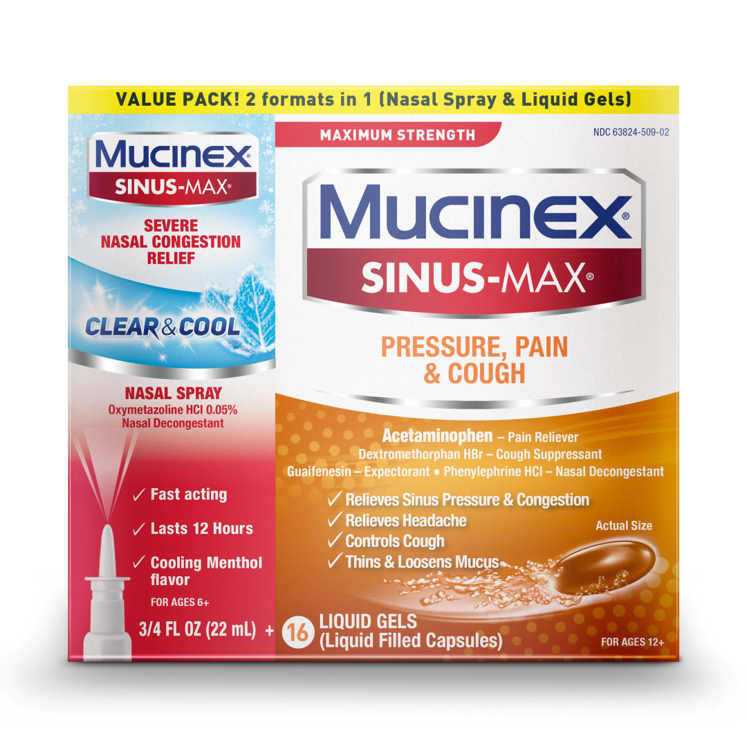 MUCINEX® SINUS-MAX® Liquid Gels - Pressure, Pain and Cough 16 ct. and SINUS-MAX® Nasal Spray - Clear & Cool .75 oz.