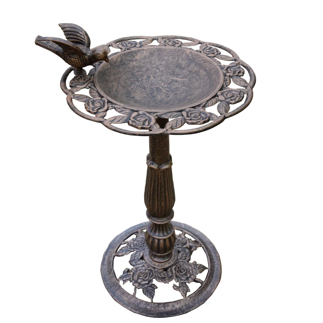 Round Cast Aluminum Metal 29-in Bronze Bird Bath with Roses