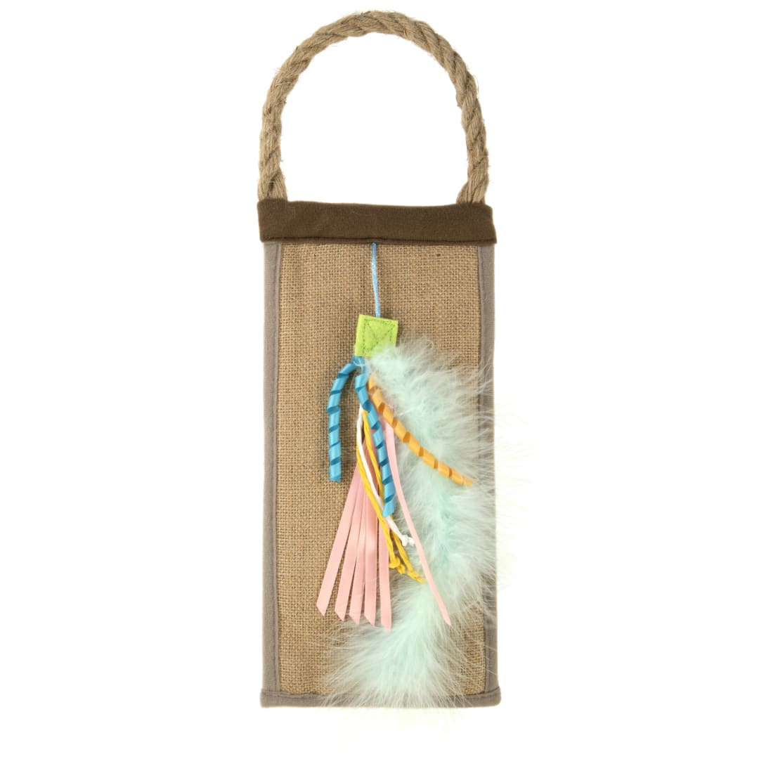 Instincts by SmartyKat Paw Party Hanging Jute Cat Scratcher with Attached Large Feathery Ribbon Cat Toy