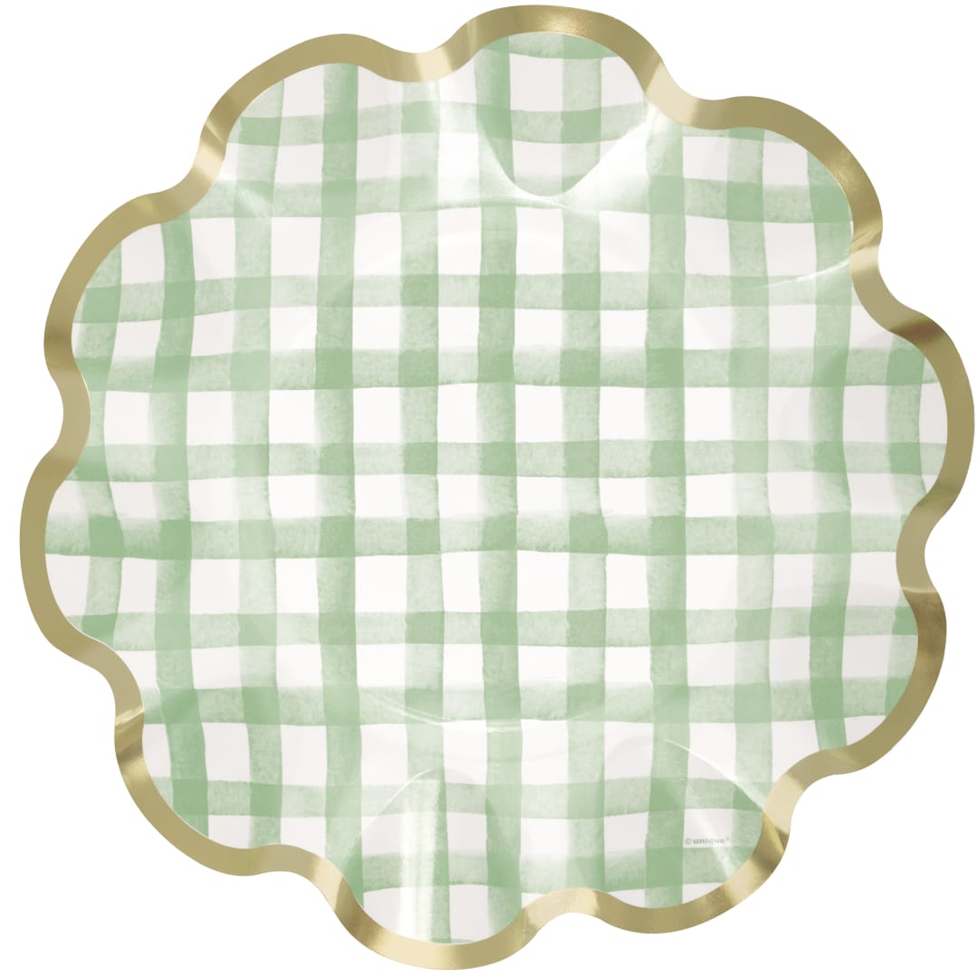 Green Gingham Scalloped Edge Shaped 10" Dinner Plates, 8ct - Foil Stamping