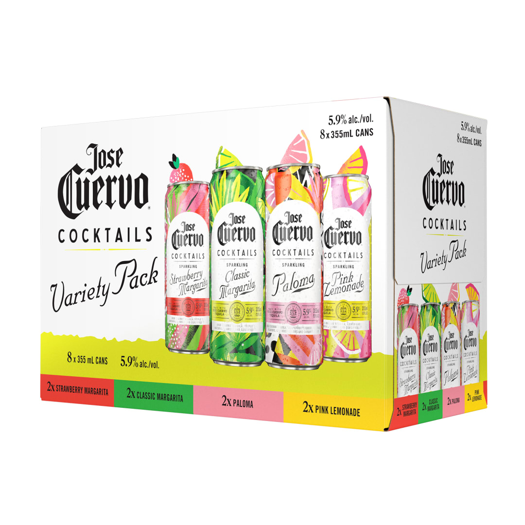 Jose Cuervo Sparkling Cocktails Variety Pack Classic Margarita, Strawberry Margarita, Paloma, and Pink Lemonade