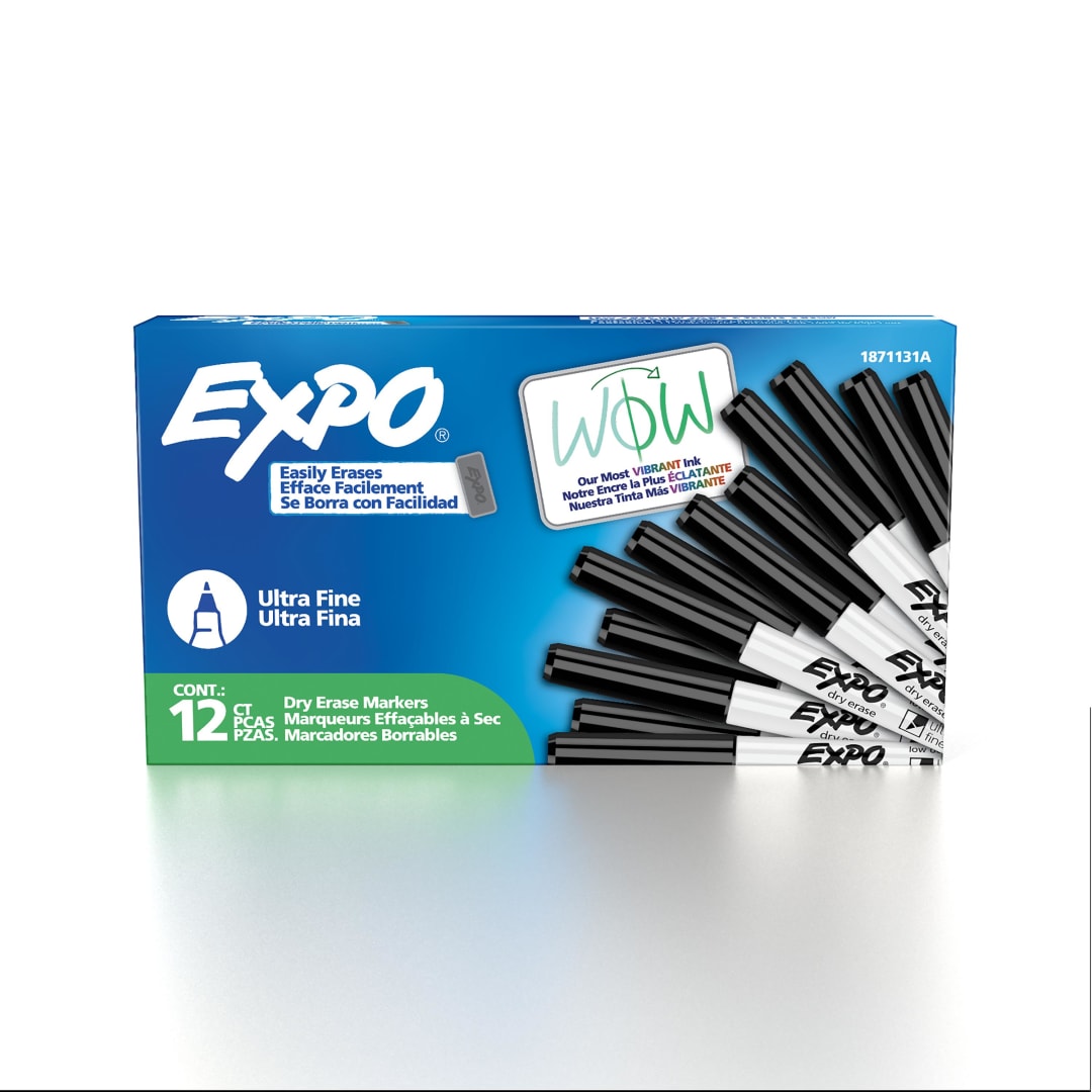 EXPO Dry Erase Markers, Low Odor Ink, Black, Ultra Fine Tip, 12 Count