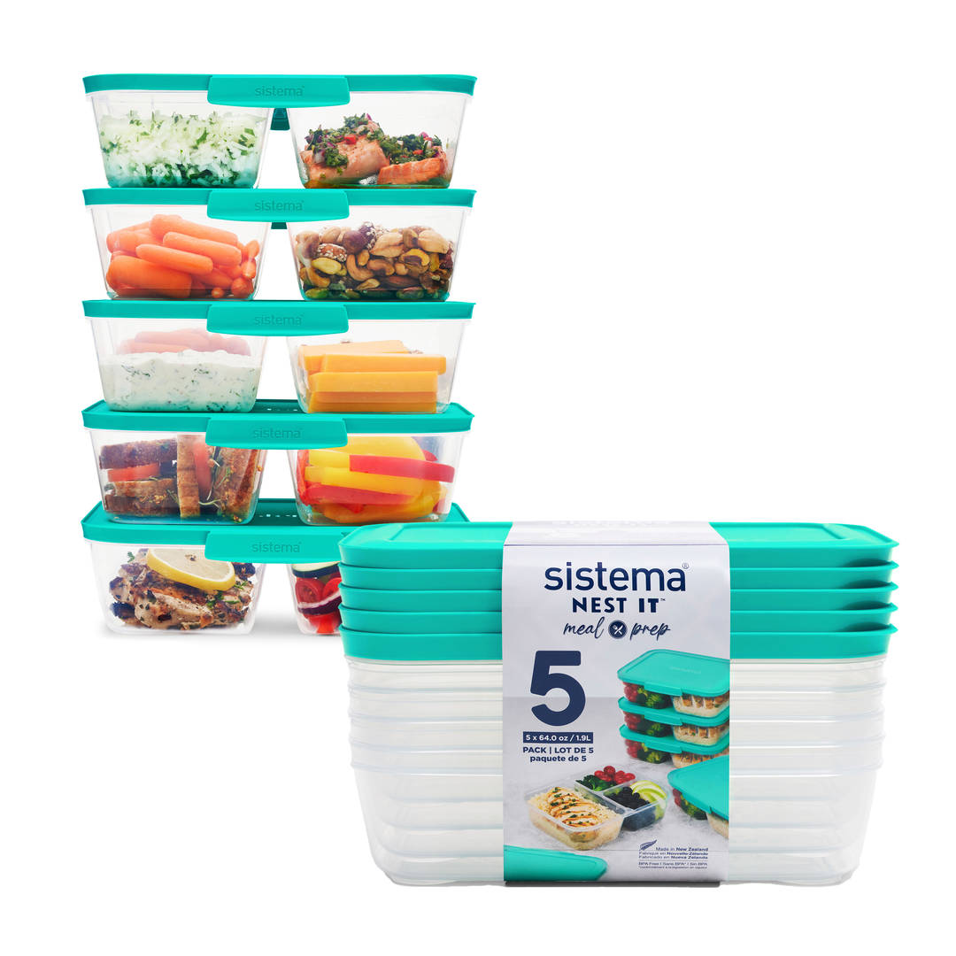 Sistema Nest It Meal Prep Containers, 1.9 L, Minty Teal (Colour May Vary), 5 Pack