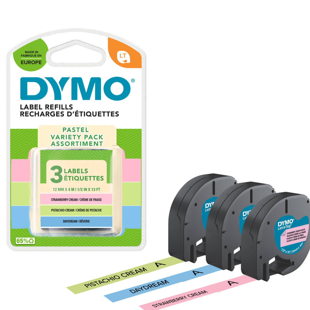 Emballage de dpart dtiquettes pastel DYMO LetraTag, 12mmx4m, vert pastel, bleu et crme la fraise, 3units