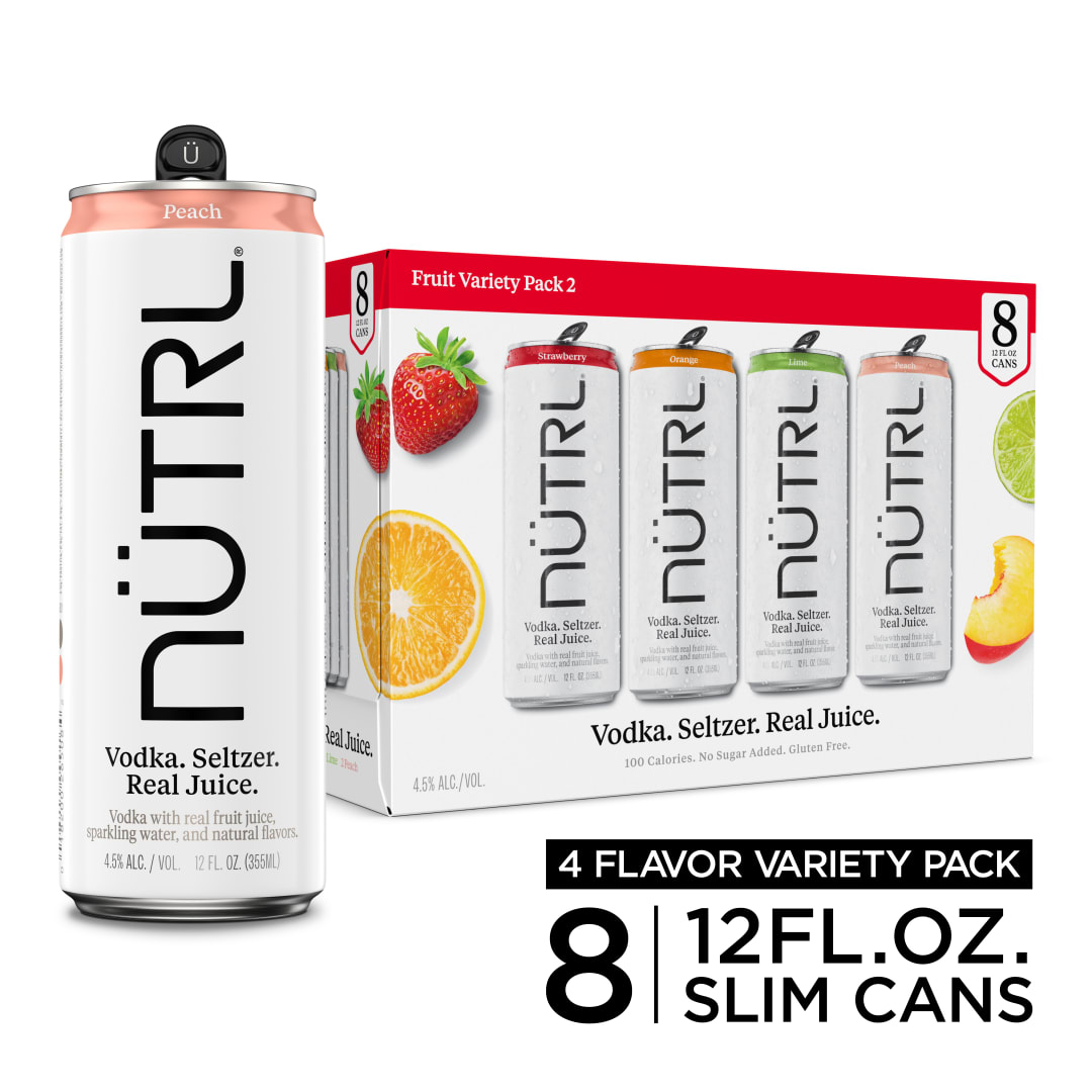 Nutrl Vodka Seltzer Fruit FOUR FLAVOR Variety Pack #3 8x12 oz Can Sleek Pack CARRIER - Lime, Peach, Orange, Strawberry - Remove SL Coating