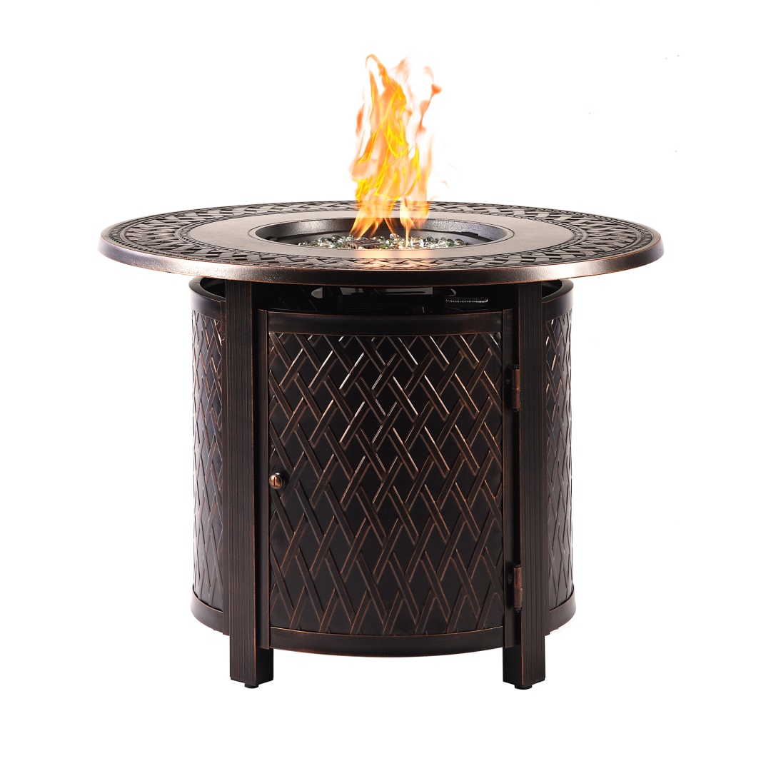 Aluminum Outdoor 34 in. Round Propane Fire Table with Fire Beads, Lid, Propane Tank Cover and Table Fabric Covers in Antique Copper Finish