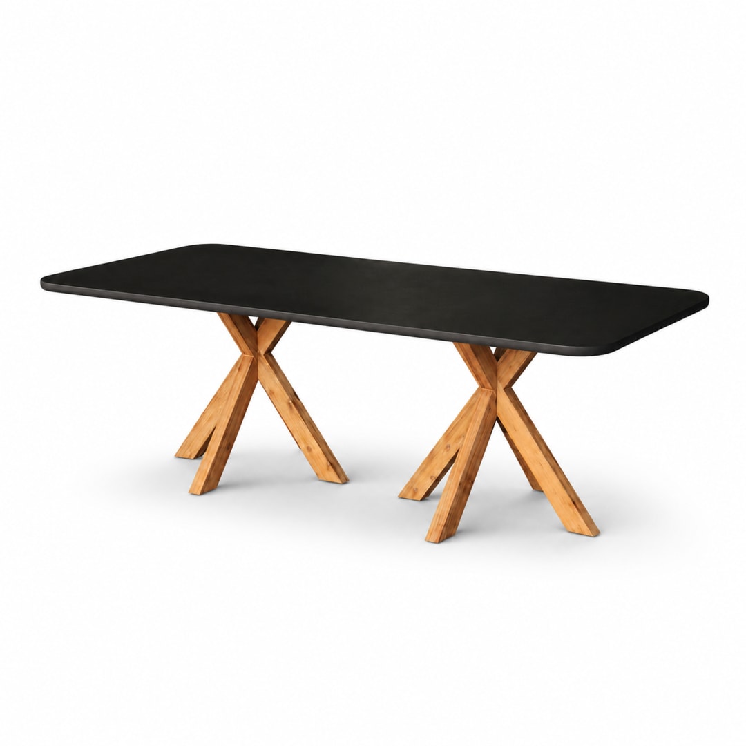 Modern Indoor/Outdoor Matte Black 94.5" Rectangular Poly-Fiber Dining Table with Acacia Wood Spider Base