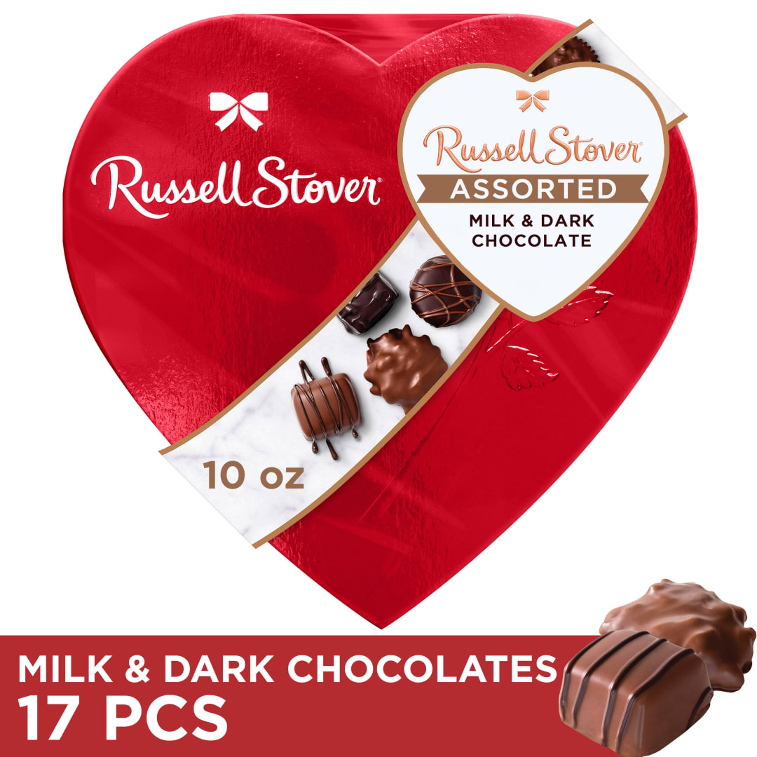 RUSSELL STOVER Valentine's Day Red Foil Heart Assorted Milk &amp; Dark Chocolate Candy Gift Box, 10 oz.