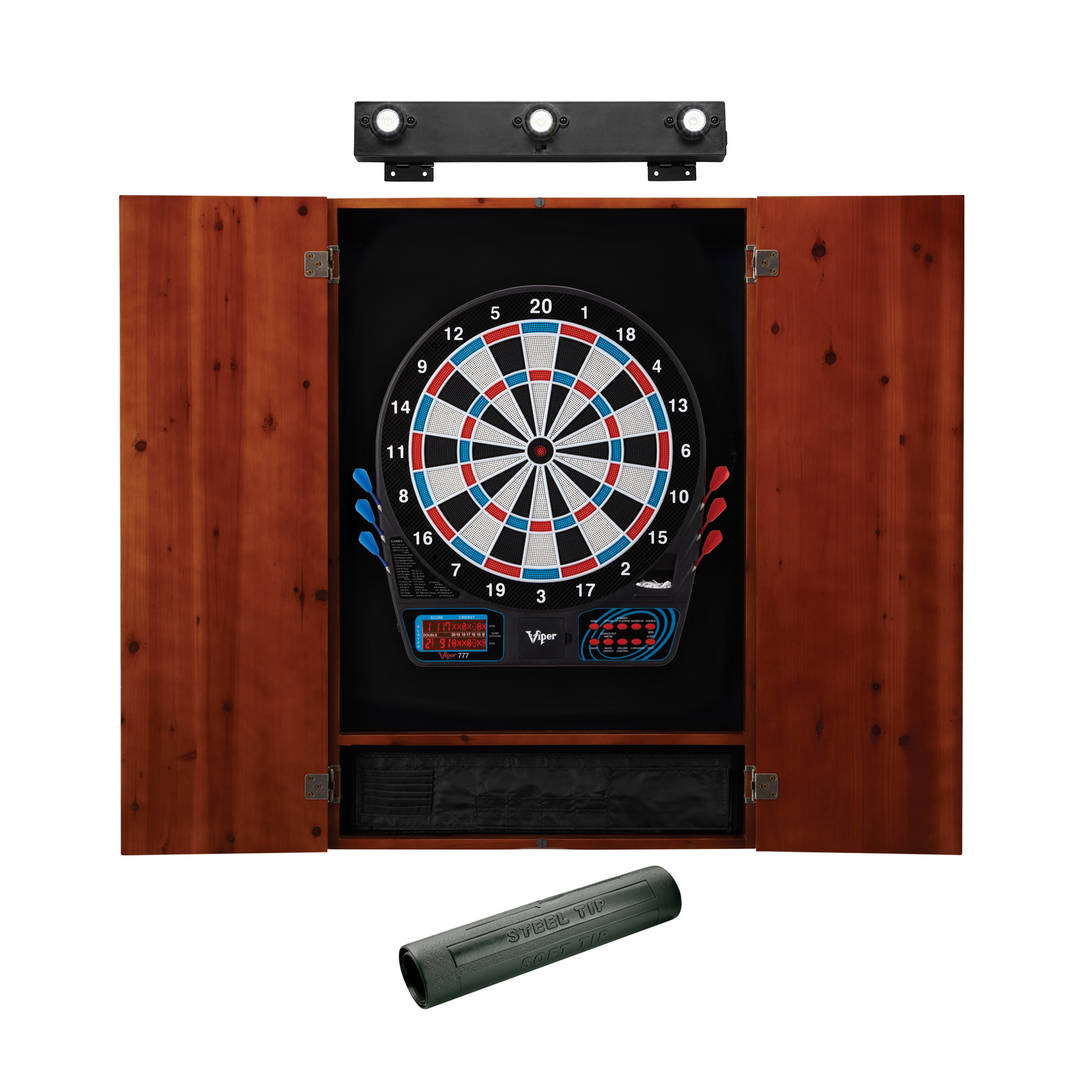 Viper 777 Electronic Dartboard, Metropolitan Cinnamon Cabinet, Dart Mat & Shadow Buster Dartboard Light