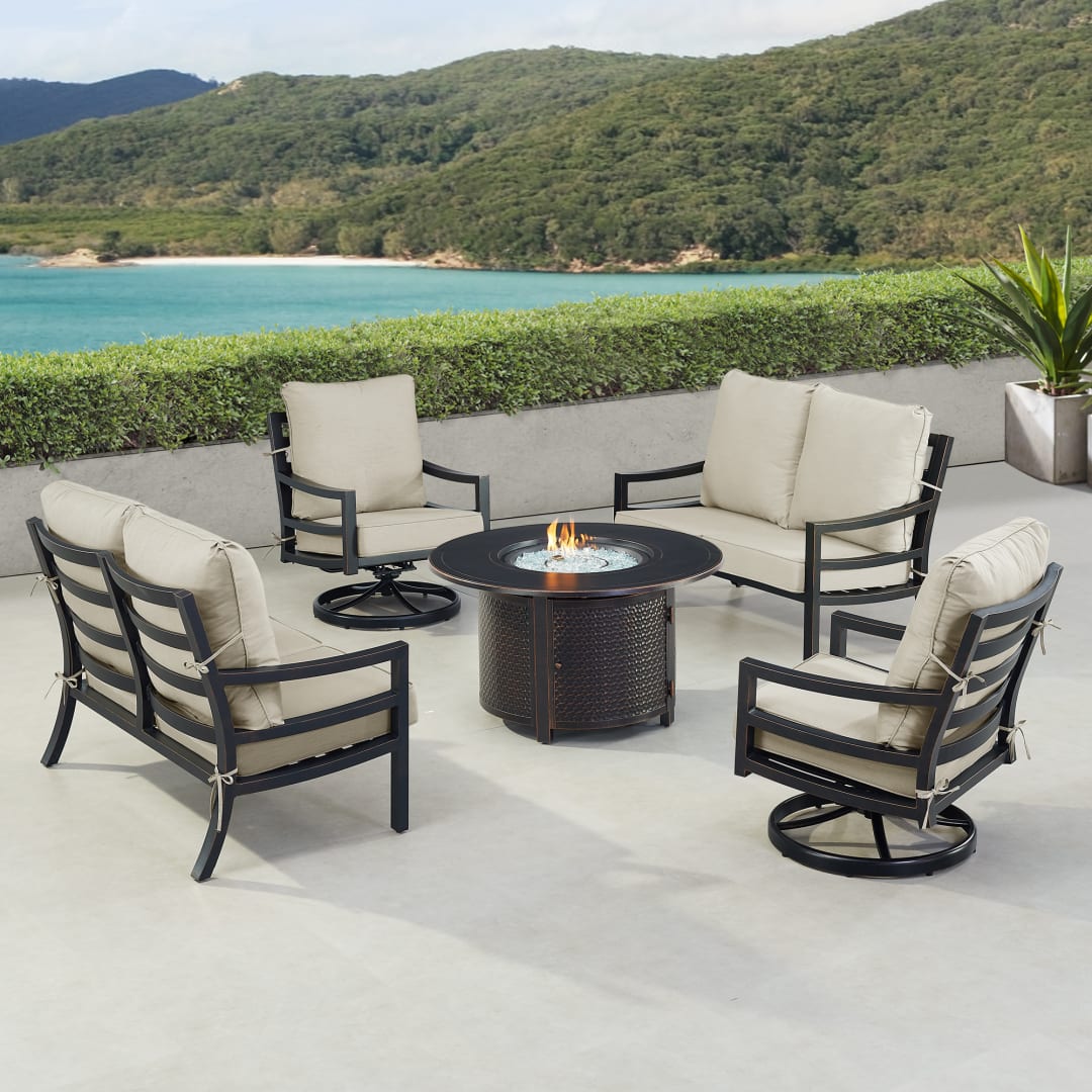 Black Aluminum Patio Fire Table Set with Two Deep Seating Loveseat with Cushions and Two Club Chairs