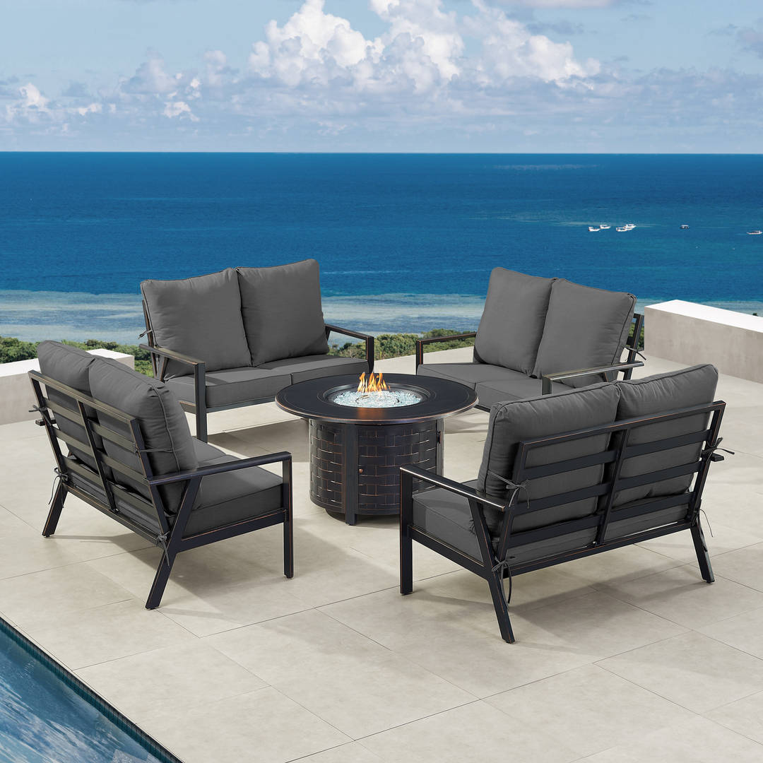 Black Aluminum Patio Fire Table Set with Four Deep Seating Loveseats with Cushions