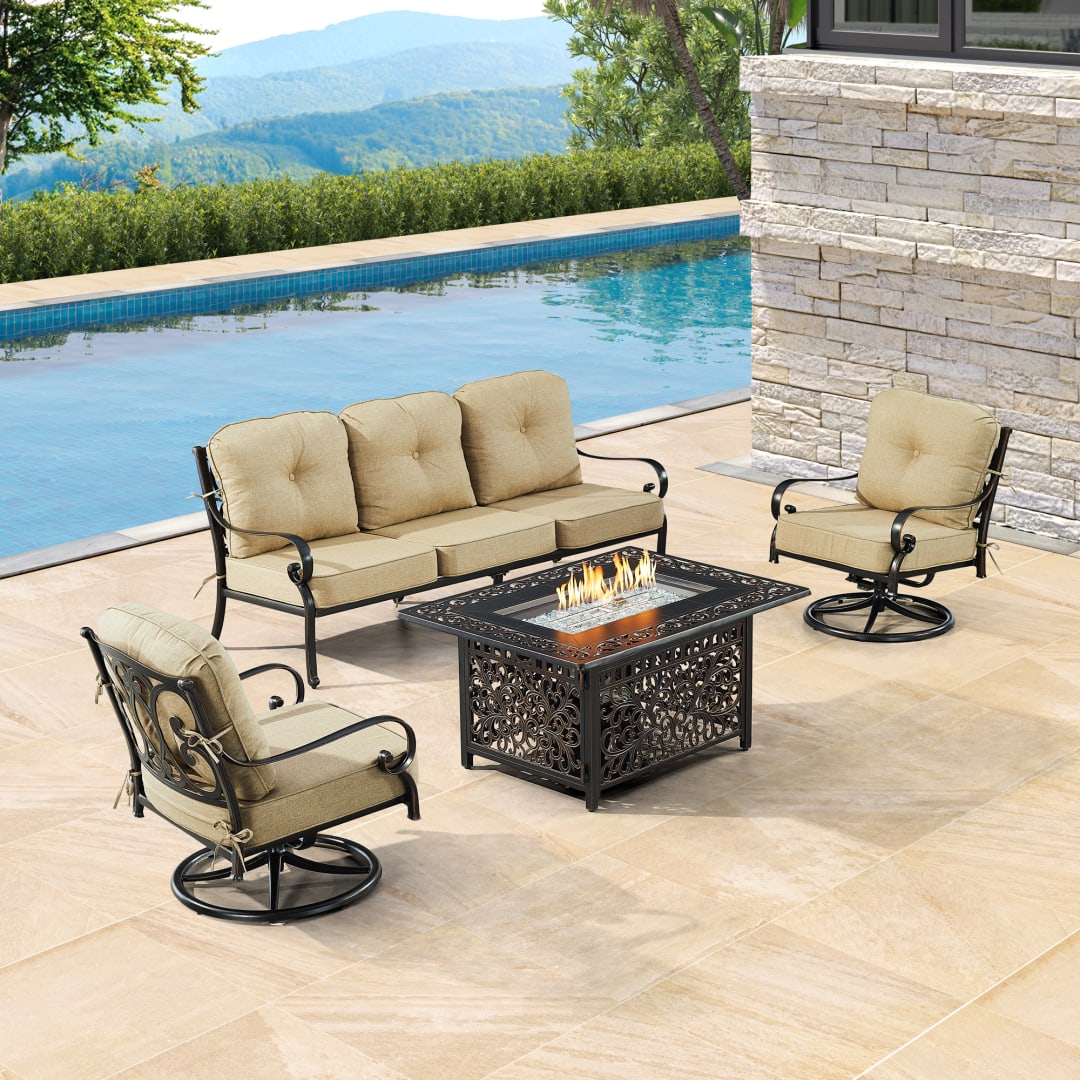 Black Aluminum Patio Fire Table Set with Deep Seating Sofa with Cushions and Two Club Chairs