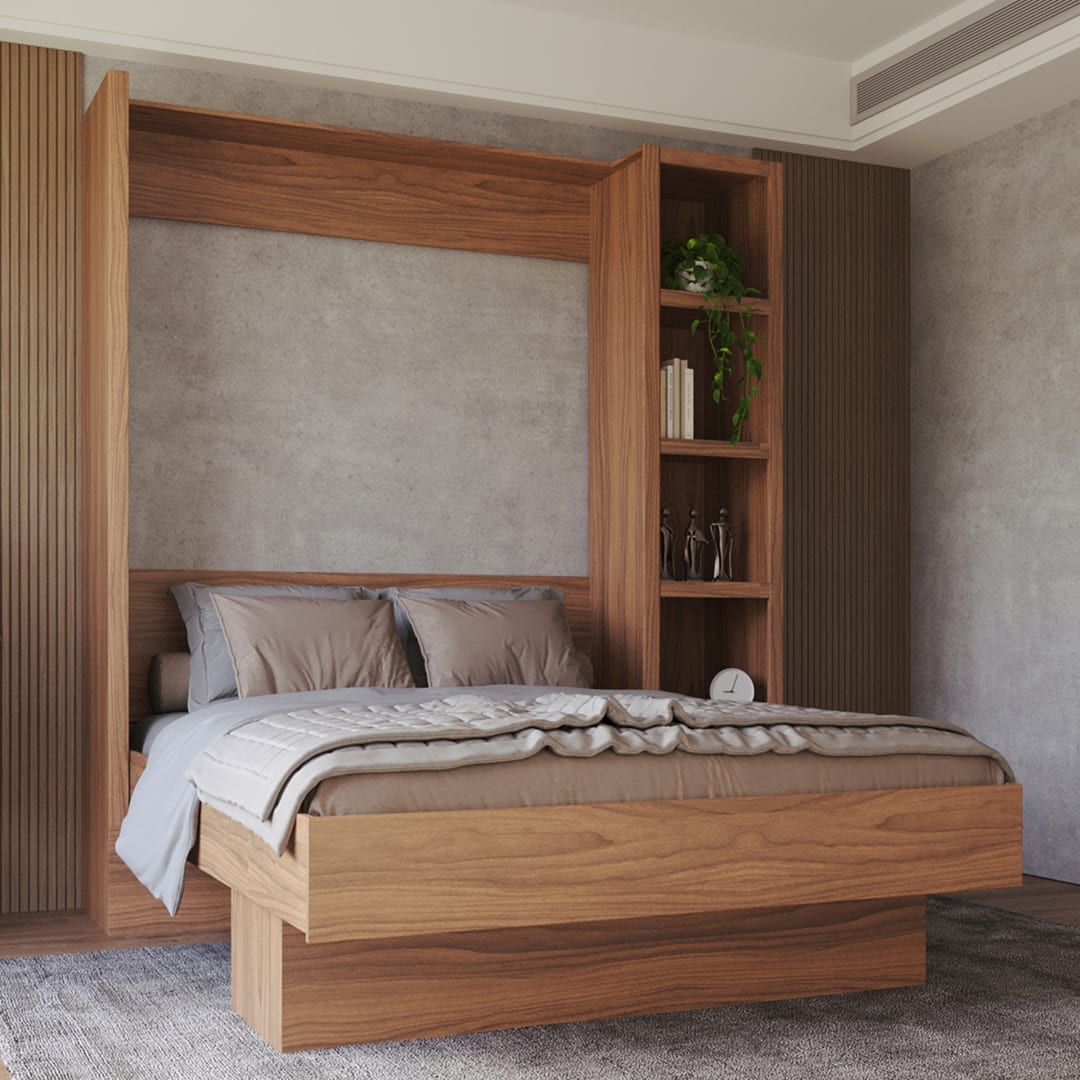 Easy-Lift Queen Murphy Wall Bed in Brown with Bookshelf