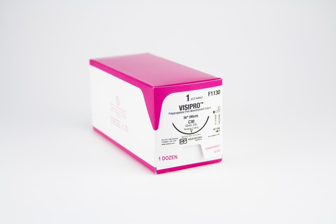 VisiPro PP Large Animal Suture, USP 1 with 50mm C30 Reverse Cutting 3/8 Circle Needle, Fluorescent Pink, 90cm, Sterile