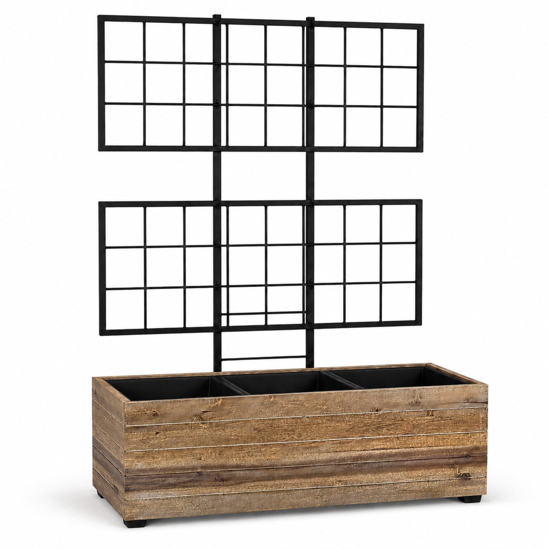 Modern Indoor/Outdoor 31.1 in. Brown Acacia Wood Raised Planter Box with Trellis